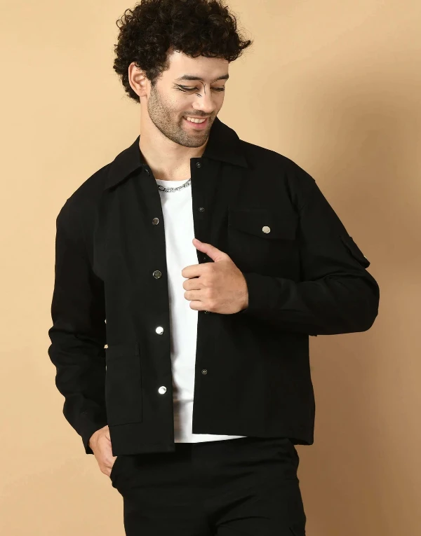 Black Overshirt with Button Closure