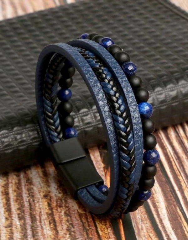 Multilayer Leather Bracelet with Natural Sodalite And Lava Beads