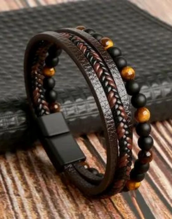 Multilayer Leather Bracelet with Tiger Eye And Lava Natural Beads