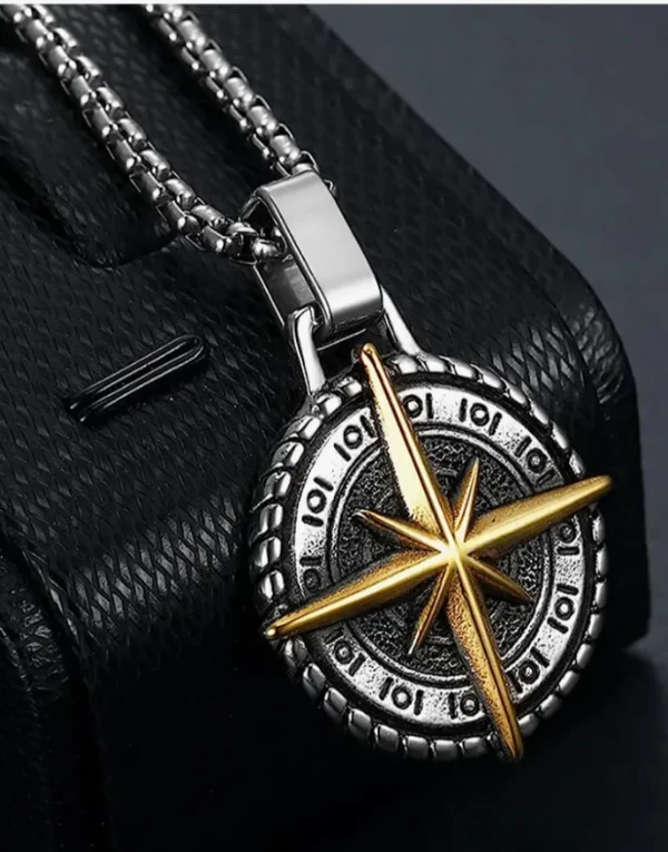 Silver Pleated Cross Compass Round Pendent With Chain Necklace